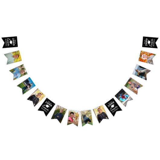 卒業12写真年おめでとう名ブラック バンティングフラッグ (全)