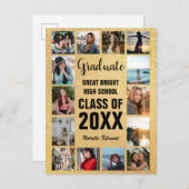 卒業14フォトコラージブラック&金ゴールド卒業 案内ポストカード (正面/裏面)