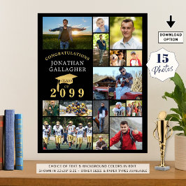 卒業15フォトコラージュおめでとうブラック金ゴールド ポスター