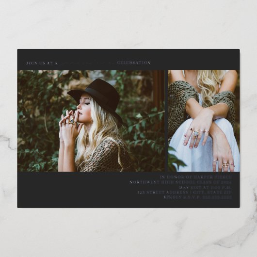 卒業2フォトラインアートダークグレー 箔招待状 (正面)