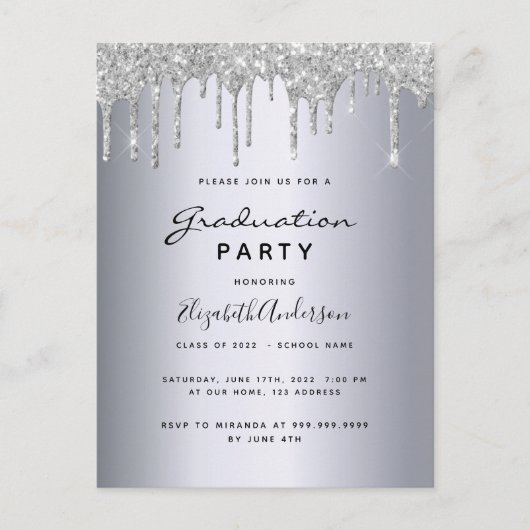 卒業2021年パーティー銀グリッター招待 ポストカード (正面)