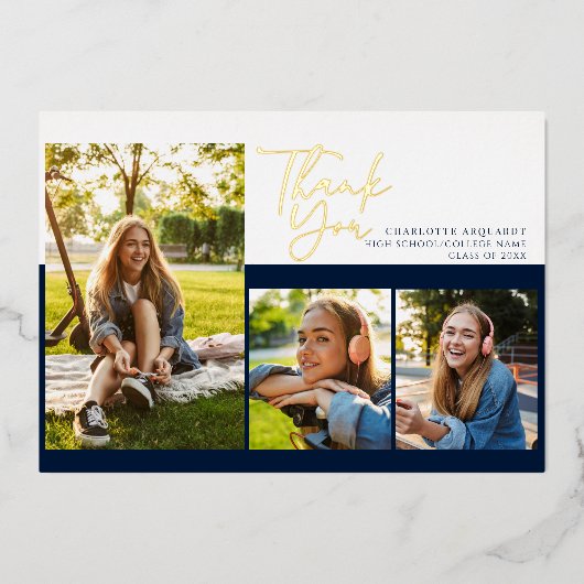 卒業2025スクリプト卒業ありがとう金ゴールド 箔招待状 (正面)