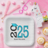 卒業2025ティール(緑がかった色)とブラックオンウッド ペーパープレート (パーティー)