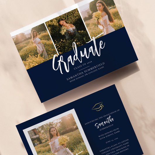 卒業2025ネイビーブルーと白のスクリプト 案内状