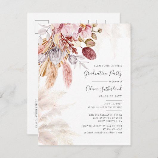 卒業2025パンパスグラスグラードパーティー インビテーションポストカード (正面/裏面)