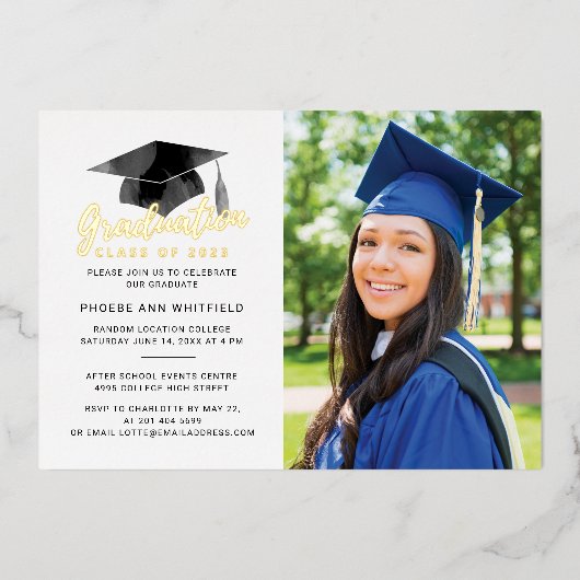 卒業2025写真パーティー金ゴールド 箔招待状 (正面)