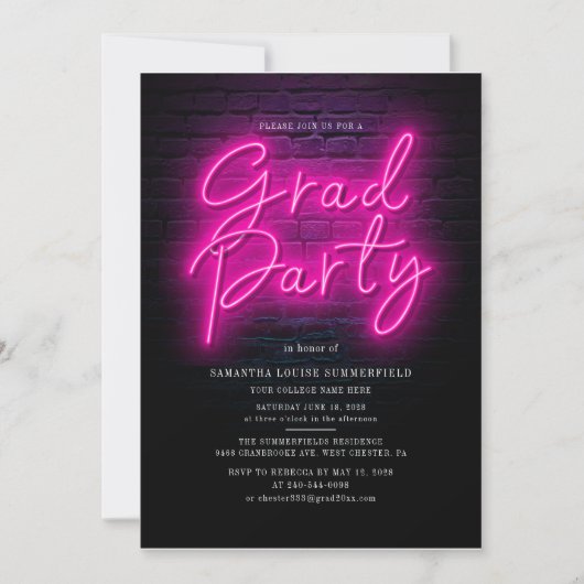 卒業2025写真ピンクネオン卒業パーティー 招待状 (正面)