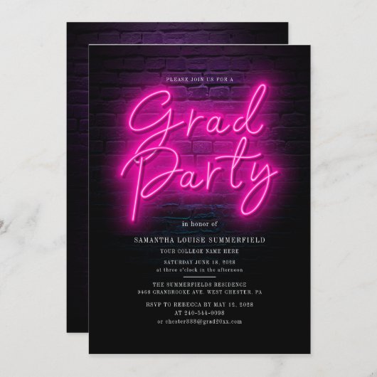 卒業2025写真ピンクネオン卒業パーティー 招待状 (正面/裏面)