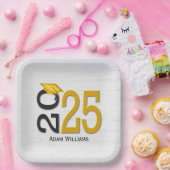 卒業2025金ゴールドとブラックオンウッド ペーパープレート (パーティー)