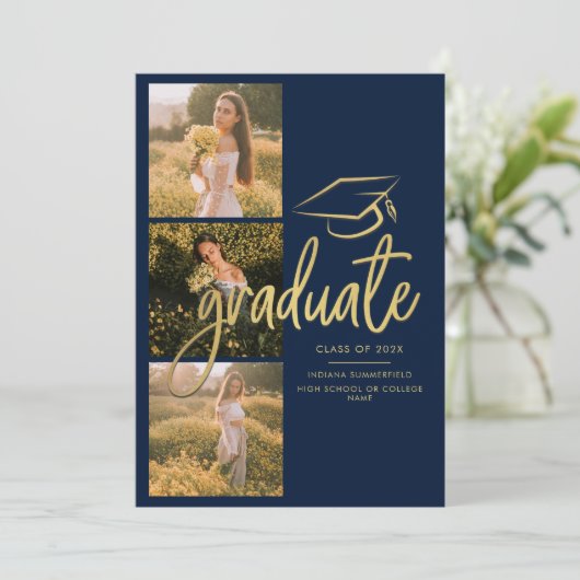卒業2025 Grad Photos Navy Blue Script 案内状 (スタンド正面)