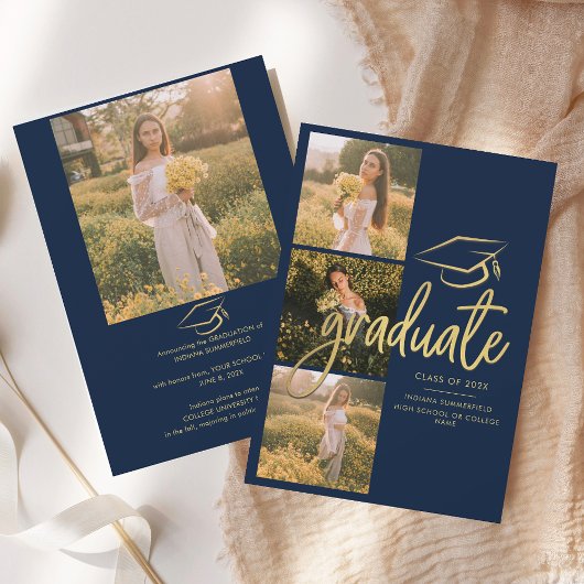 卒業2025 Grad Photos Navy Blue Script 案内状