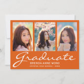 卒業3フォトコラージュ白いスクリプトオレンジ 案内状 (正面)