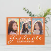 卒業3フォトコラージュ白いスクリプトオレンジ 案内状 (スタンド正面)