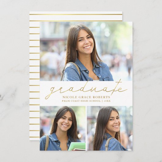 卒業3-Photoコラージュ簡単編集金ゴールドスクリプト 案内状 (正面/裏面)