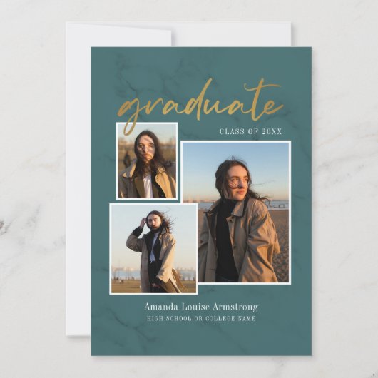 卒業4フォトコラージスクリプトグリーン大理石 案内状 (正面)