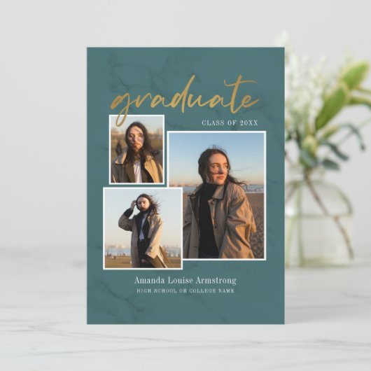 卒業4フォトコラージスクリプトグリーン大理石 案内状 (スタンド正面)