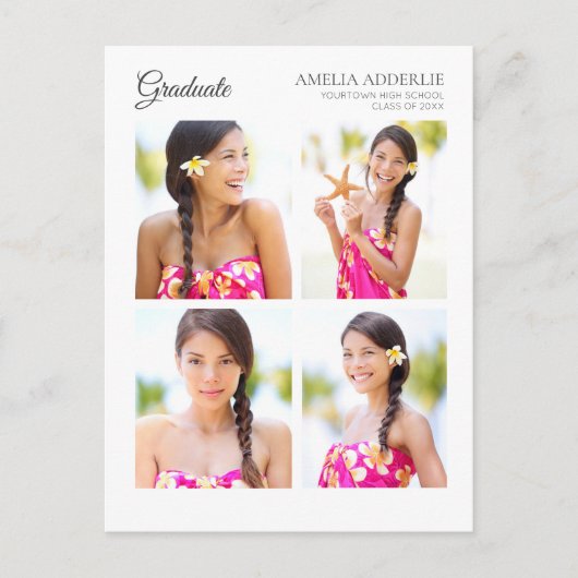 卒業4写真アナウンス招待状ホワイト インビテーションポストカード (正面)