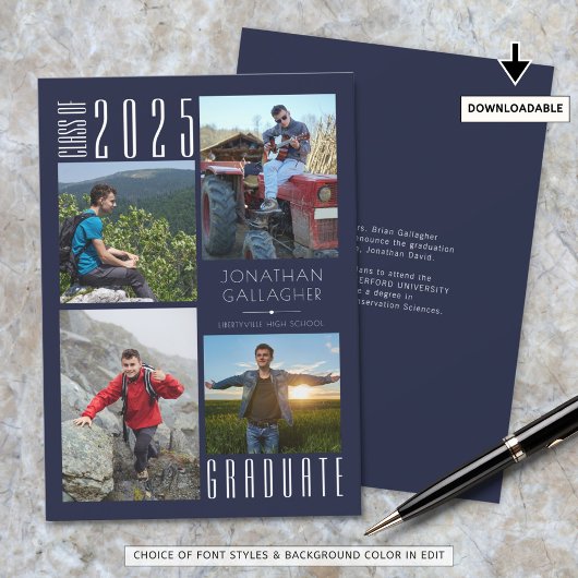 卒業4枚の写真ネイビーブルーまたはカラー 案内状