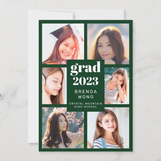 卒業6フォトコラージホワイトスクリプトグリーン 案内状 (正面)