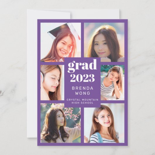 卒業6フォトコラージュ白いスクリプトパープル 案内状 (正面)
