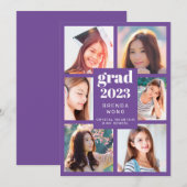 卒業6フォトコラージュ白いスクリプトパープル 案内状 (正面/裏面)