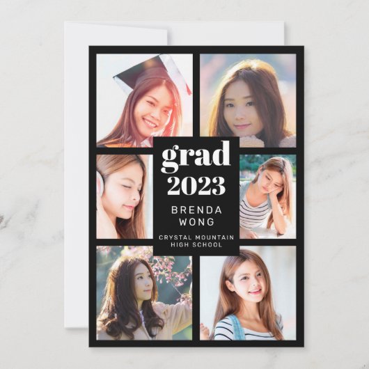卒業6フォトコラージュ白いスクリプトブラック 案内状 (正面)