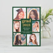 卒業6フォトコラージュ金ゴールドホワイトスクリプトグリーン 案内状 (スタンド正面)