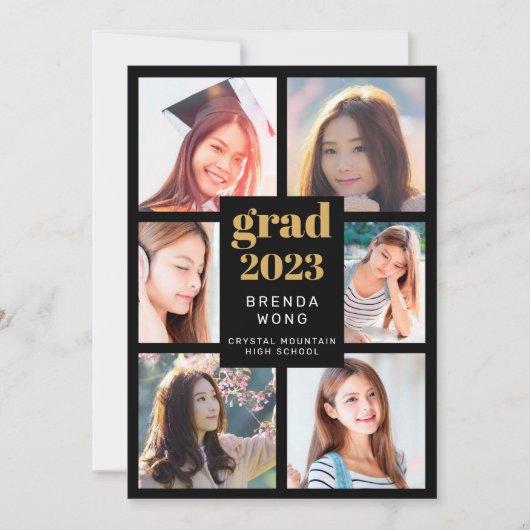 卒業6フォトコラージュ金ゴールドホワイトスクリプトブラック 案内状 (正面)