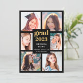 卒業6フォトコラージュ金ゴールドホワイトスクリプトブラック 案内状 (スタンド正面)