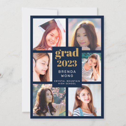 卒業6フォトコラージュ金ゴールドホワイトスクリプトブルー 案内状 (正面)