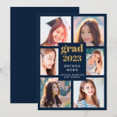 卒業6フォトコラージュ金ゴールドホワイトスクリプトブルー 案内状 (正面/裏面)