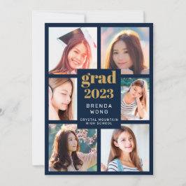 卒業6フォトコラージュ金ゴールドホワイトスクリプトブルー 案内状