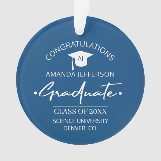 卒業 |クラスの年と学校の青エレガント色 オーナメント (正面)