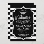 卒業 – シルバー白黒ストライプズ 招待状 (正面/裏面)