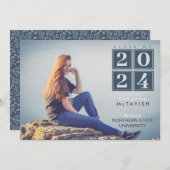 卒業 |スクウェアモダンネイビーブルー写真 招待状 (正面/裏面)