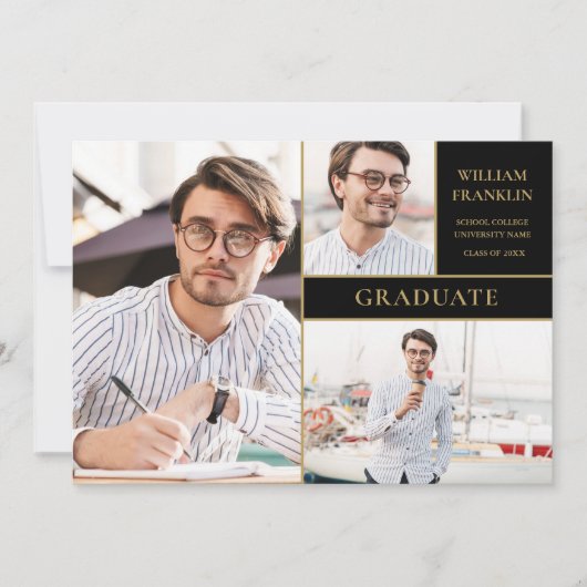 卒業 ブラック＆ゴールド 3枚の写真を使ったコラージュ 卒業のお知らせ 案内状 (正面)