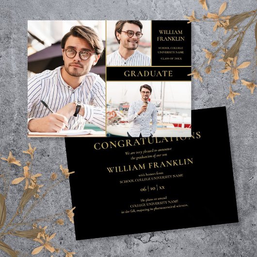 卒業 ブラック&ゴールド 3枚の写真を使ったコラージュ 卒業のお知らせ 案内状