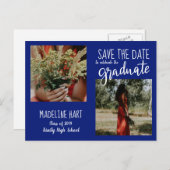 卒業 | 写真の日付を保モダン存 | ネイビーブルー 案内ポストカード (正面/裏面)
