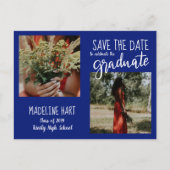 卒業 | 写真の日付を保モダン存 | ネイビーブルー 案内ポストカード (正面)