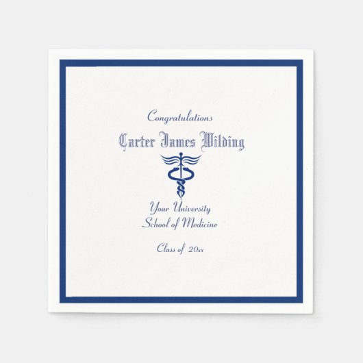 卒業、医学部、カドゥセウス、ネイビーブルー スタンダードカクテルナプキン (正面)