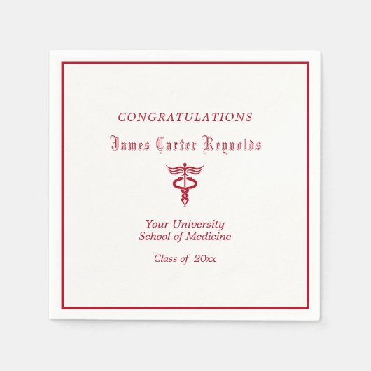 卒業、医学部、レッドカドゥセウス スタンダードカクテルナプキン (正面)
