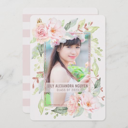 卒業 |水彩赤面バラフローラ 招待状 (正面/裏面)