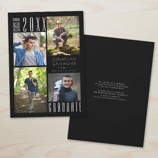 卒業 現代的な スタイリッシュな ４つの 写真 黒 案内状