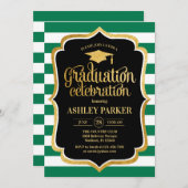 卒業 – 金ゴールドブラック緑の白ストライプ色 招待状 (正面/裏面)