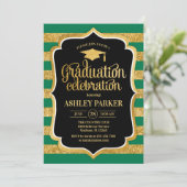 卒業 – 金ゴールドブラック緑ストライプ色 招待状 (スタンド正面)