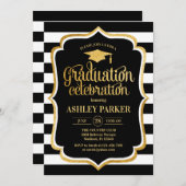 卒業 – 金ゴールド白黒ストライプの数 招待状 (正面/裏面)