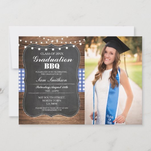 卒業BBQの写真の点検の青く素朴な木 招待状 (正面)