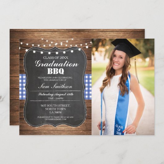 卒業BBQの写真の点検の青く素朴な木 招待状 (正面/裏面)