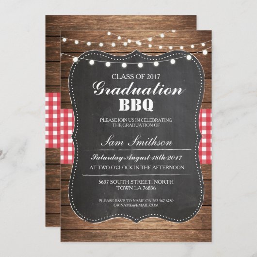 卒業BBQの素朴なチョーク木製ライト招待 招待状 (正面/裏面)