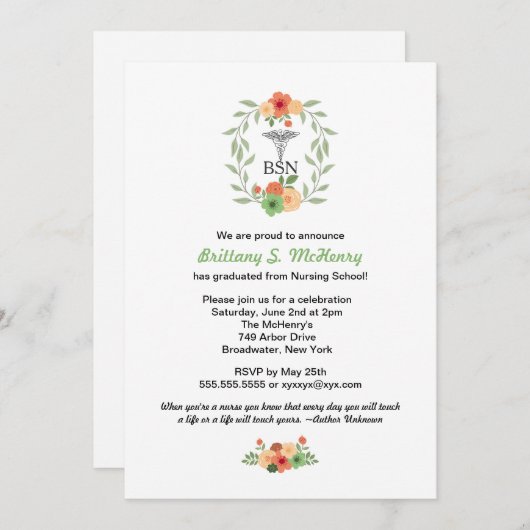 卒業BSN RNをピンで止めている花のケリュケイオンのナース 招待状 (正面/裏面)